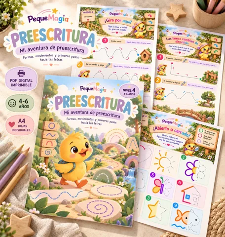 Cuaderno de preescritura en PDF imprimible para niños de 4 a 6 años con fichas de direcciones, formas y completar