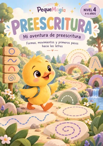 Portada del cuaderno de preescritura Preescritura, Mi aventura de preescritura, nivel 4 para niños de 4 a 6 años, con un patito en un camino de formas