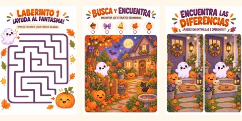Laberintos de Halloween para imprimir, busca y encuentra y encuentra las diferencias para niños - PequeMagia